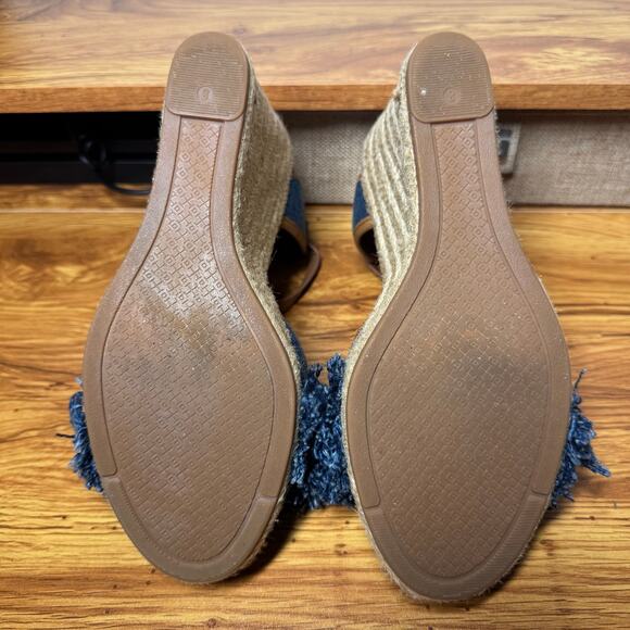 Tory Burch Women's 8 Shaw Blue Denim Royal Tan Espadrille Wedge Sandals N3874 - Picture 7 of 9